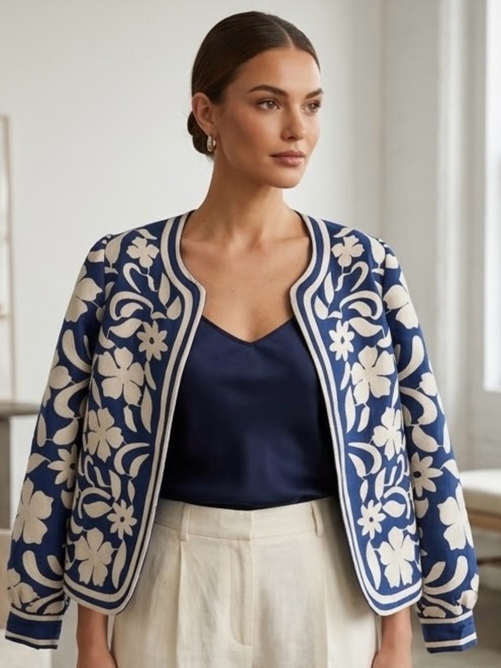 Avara Floral Blue and White Women's Jacket/Blazer